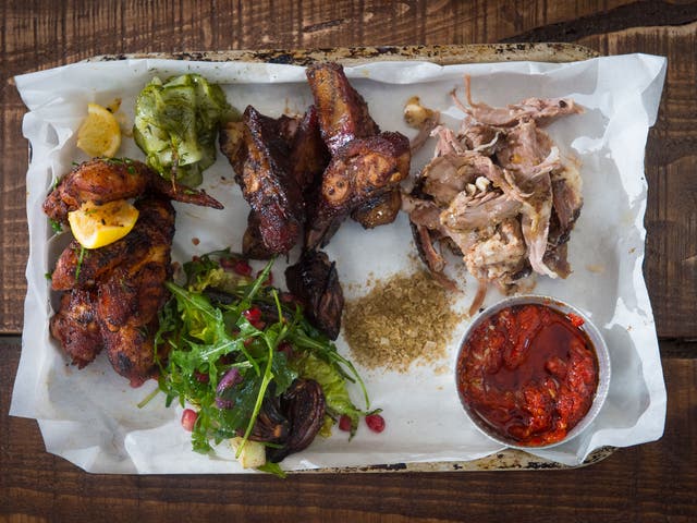 Harissa chicken wings, smoked short rib with date syrup glaze and lamb mechoui with cumin salt from Berber & Q