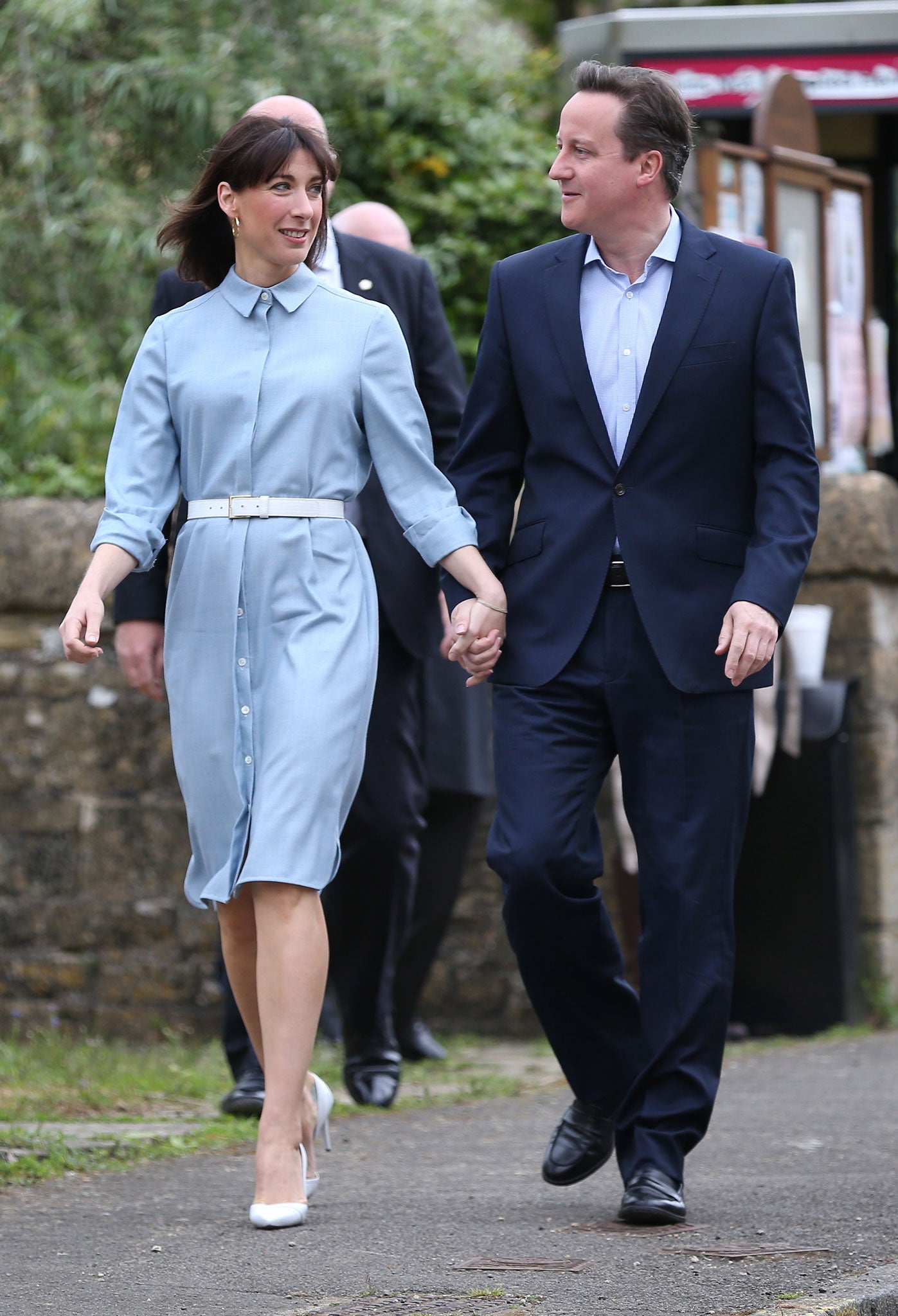 Samantha and David Cameron arrive at a polling station to cast their vote on 6th May (Getty)