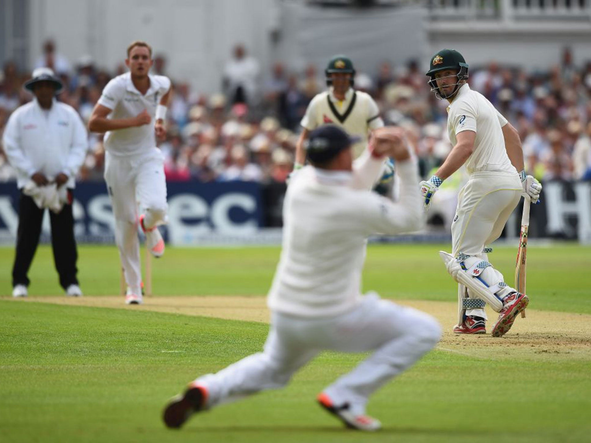 Shaun Marsh is caught by Ian Bell to become the third of Stuart Broad’s eight wickets at Trent Bridge yesterday