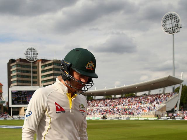 Michael Clarke of Australia looks dejected after being dismissed by Mark Wood 