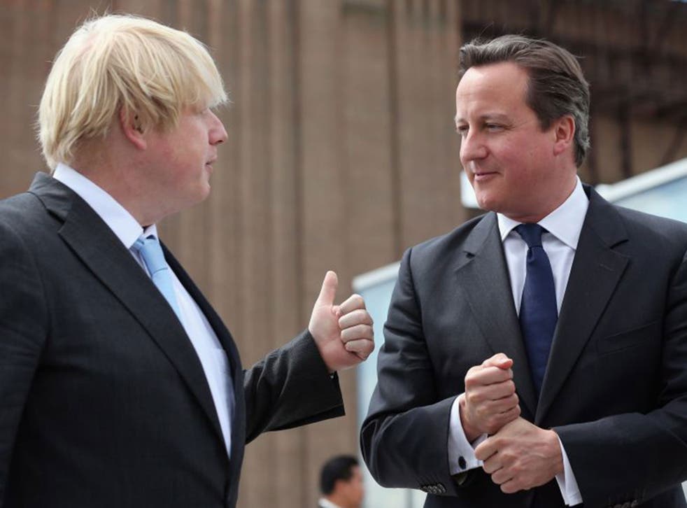 David Cameron chats to Boris Johnson at Battersea Power Station (Getty)