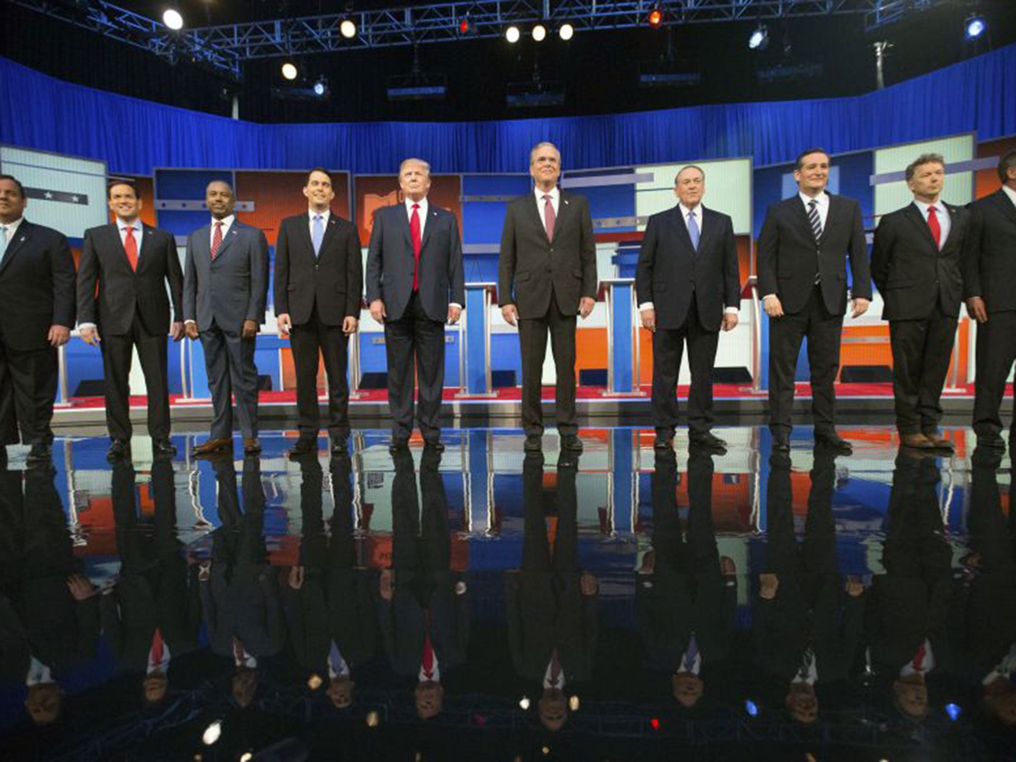 Republican presidential candidates from left, Chris Christie, Marco Rubio, Ben Carson, Scott Walker, Donald Trump, Jeb Bush, Mike Huckabee, Ted Cruz, Rand Paul, and John Kasich (AP)