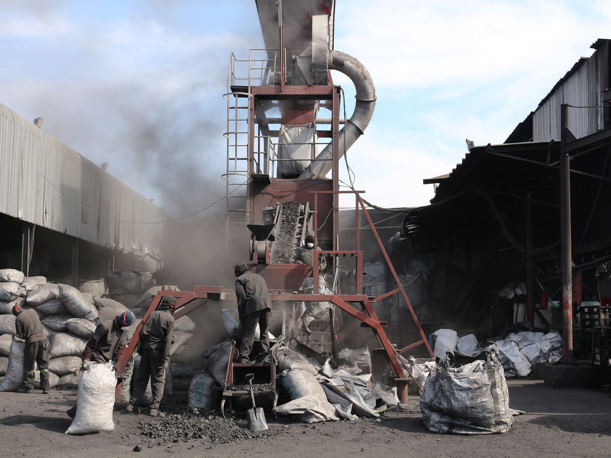 A plant where charcoal is processed from trees near Windhoek