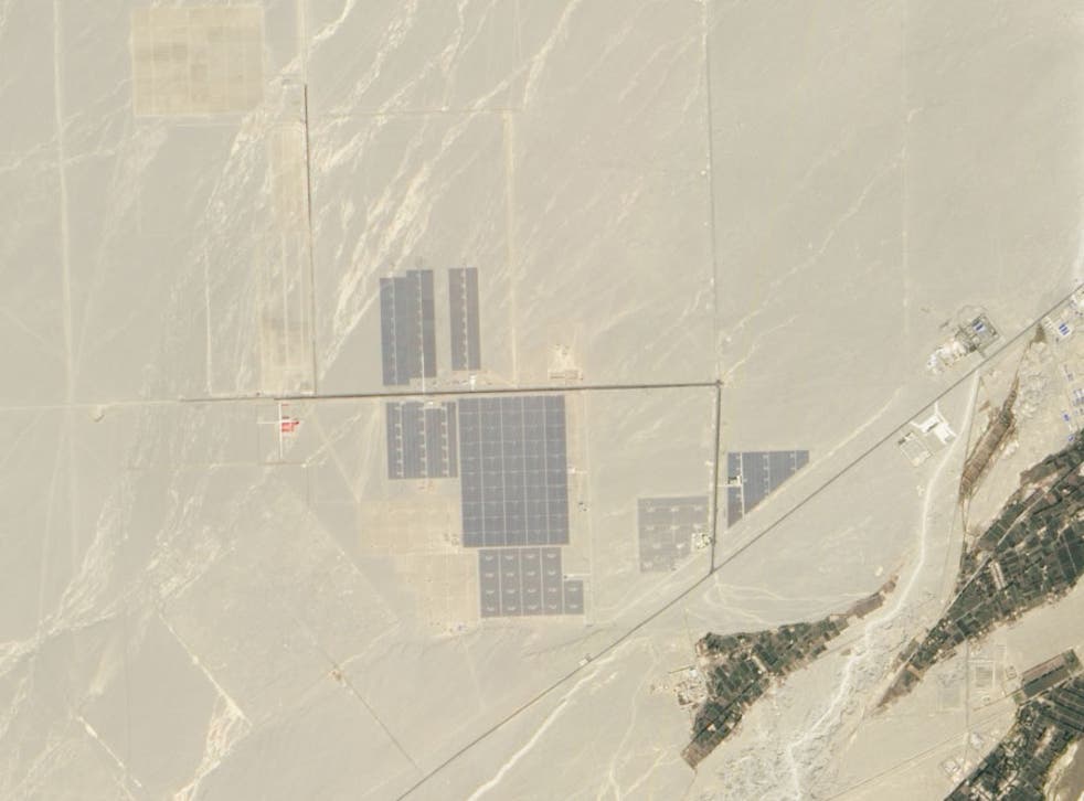 View of China solar power plant in Gobi desert 