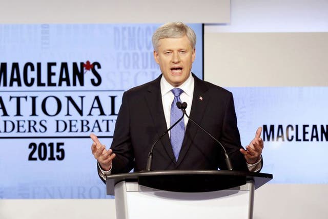 Conservative leader Prime Minister Stephen Harper speaks during the Maclean's National Leaders debate in Toronto, August 6, 2015