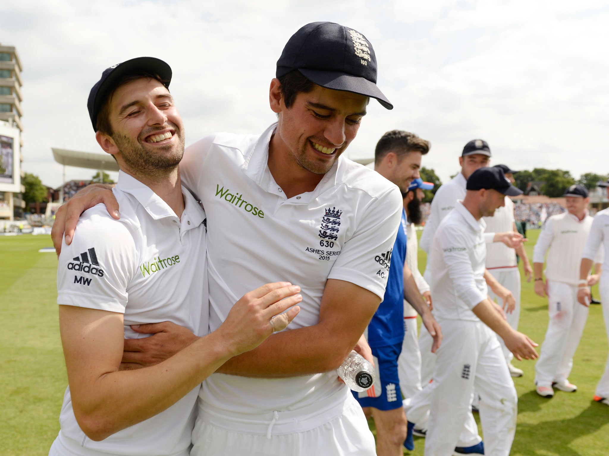 England captain Alastair Cook, right, celebrates the Ashes win with fast bowler Mark Wood at Trent Bridge