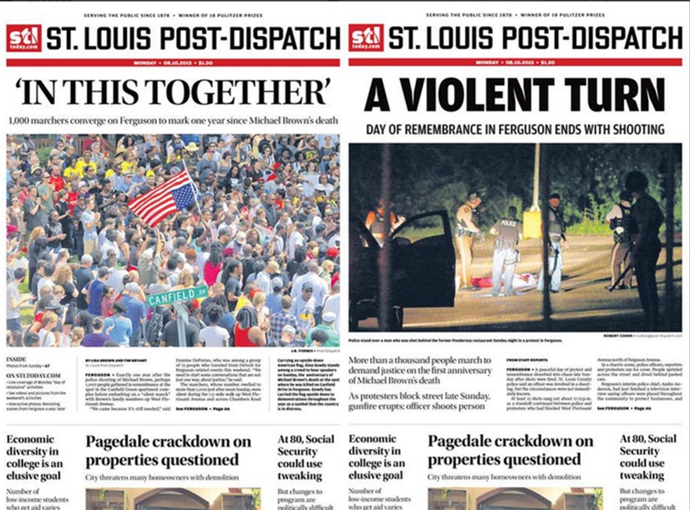 Ferguson unrest: St Louis Post-Dispatch front page transforms after memorial march culminates in ...