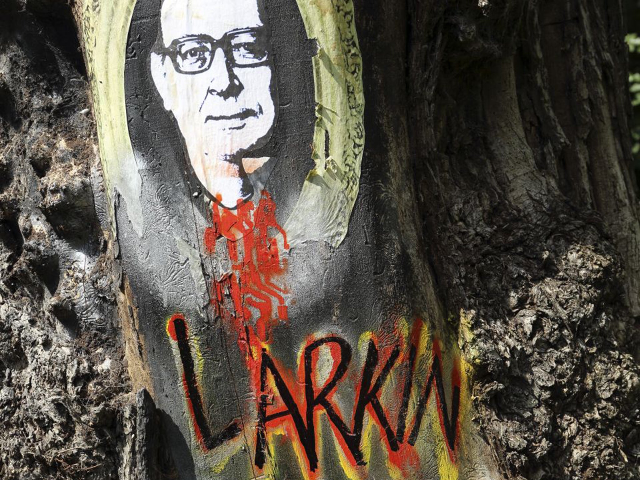 Graffiti art showing Philip Larkin on a tree trunk at Pearson Park in Hull, England