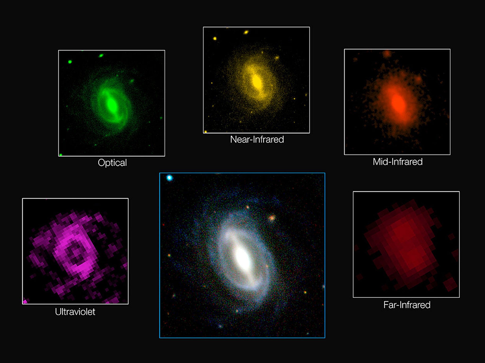 A photo issued by the European Southern Observatory showing how a typical galaxy appears at different wavelengths