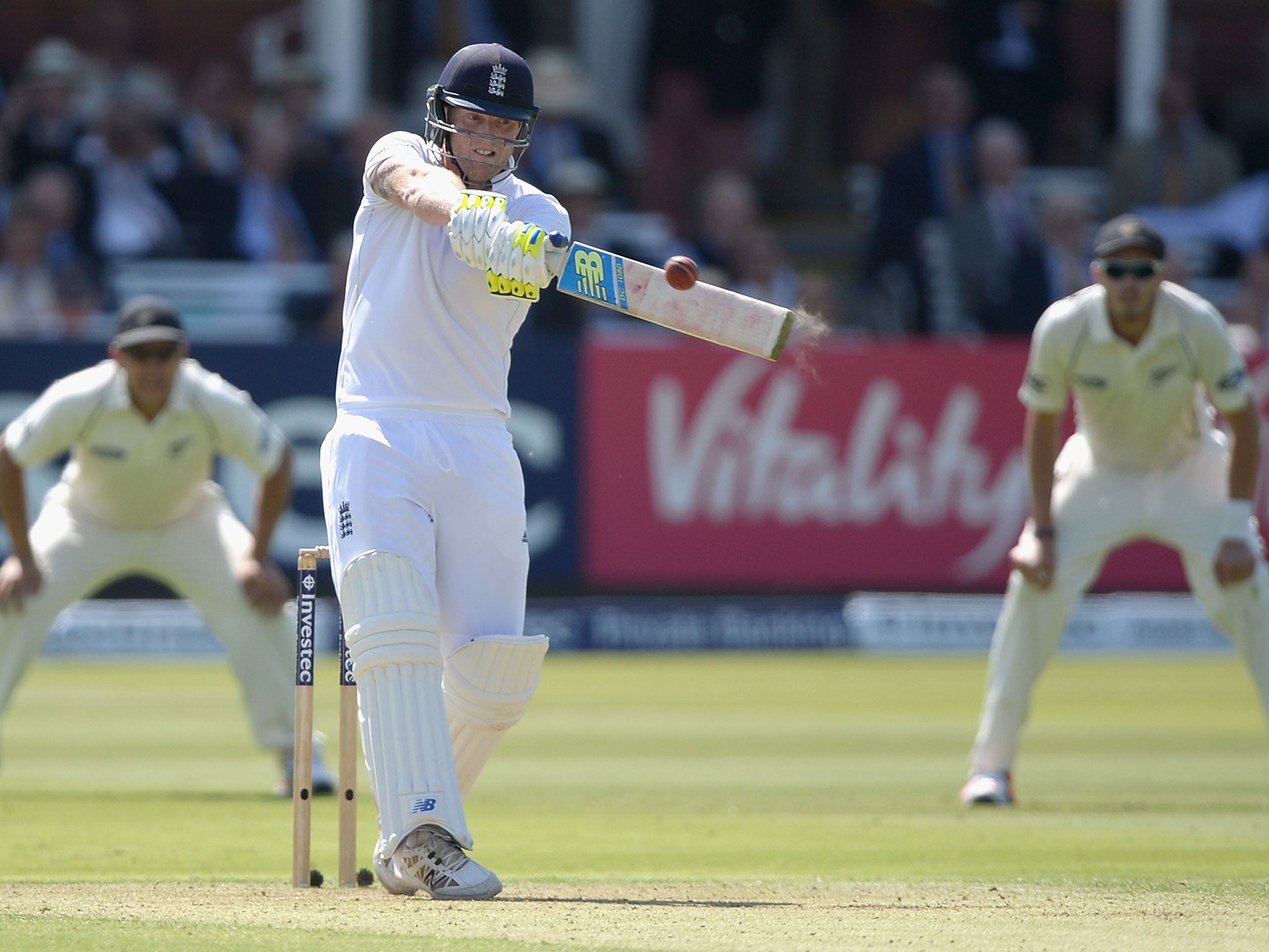 Ben Stokes hits a six during his ground-breaking partnership with Joe Root against New Zealand at Lord’s