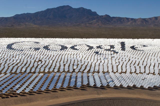 The Google logo is spelled out in heliostats (mirrors that track the sun and reflect the sunlight onto a central receiving point) during a tour of the Ivanpah Solar Electric Generating System in the Mojave Desert near the California-Nevada border February 13, 2014