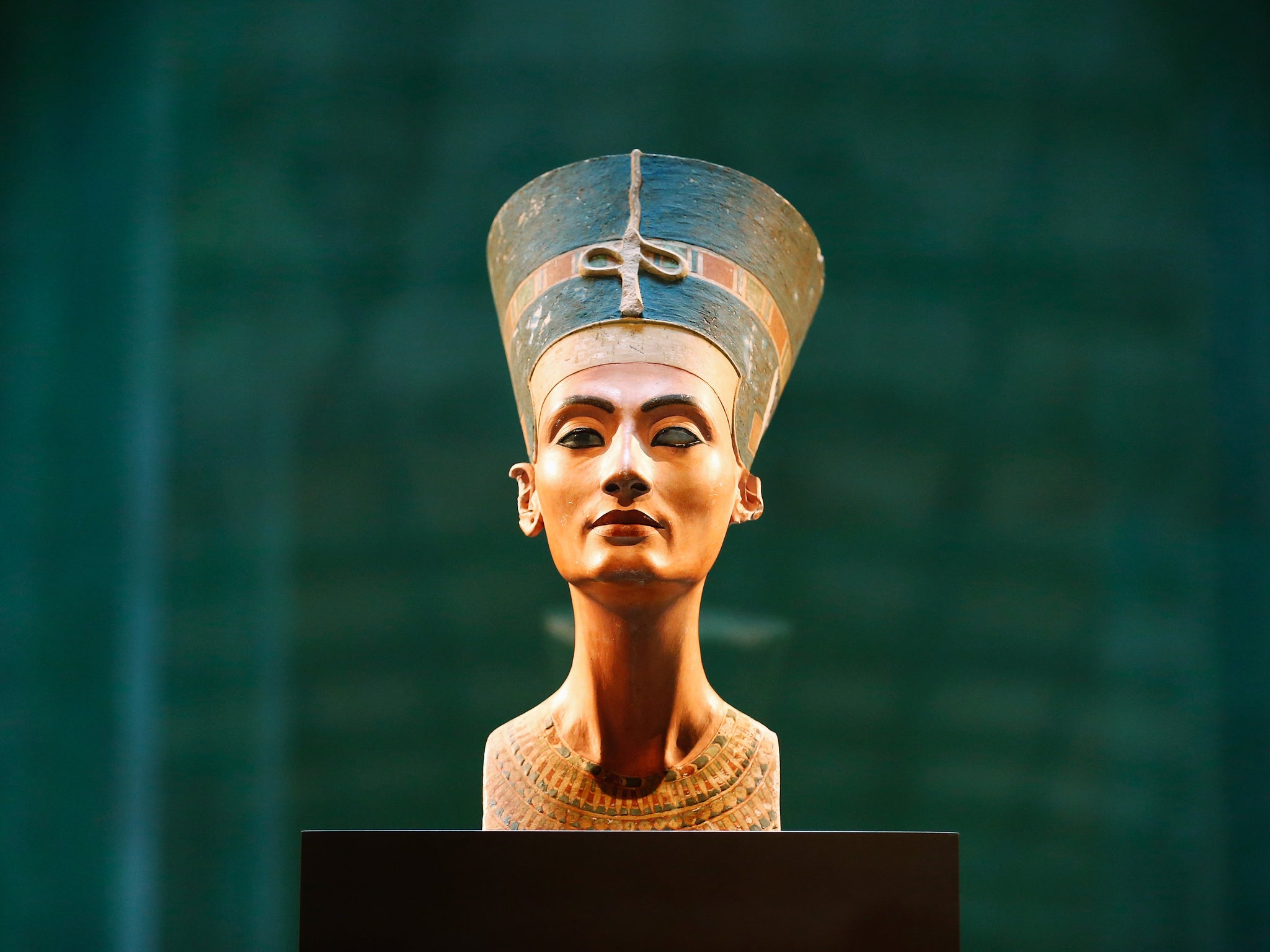 The bust of Egyptian beauty Queen Nefertiti is on display at Neues Museum in Berlin, Germany.
