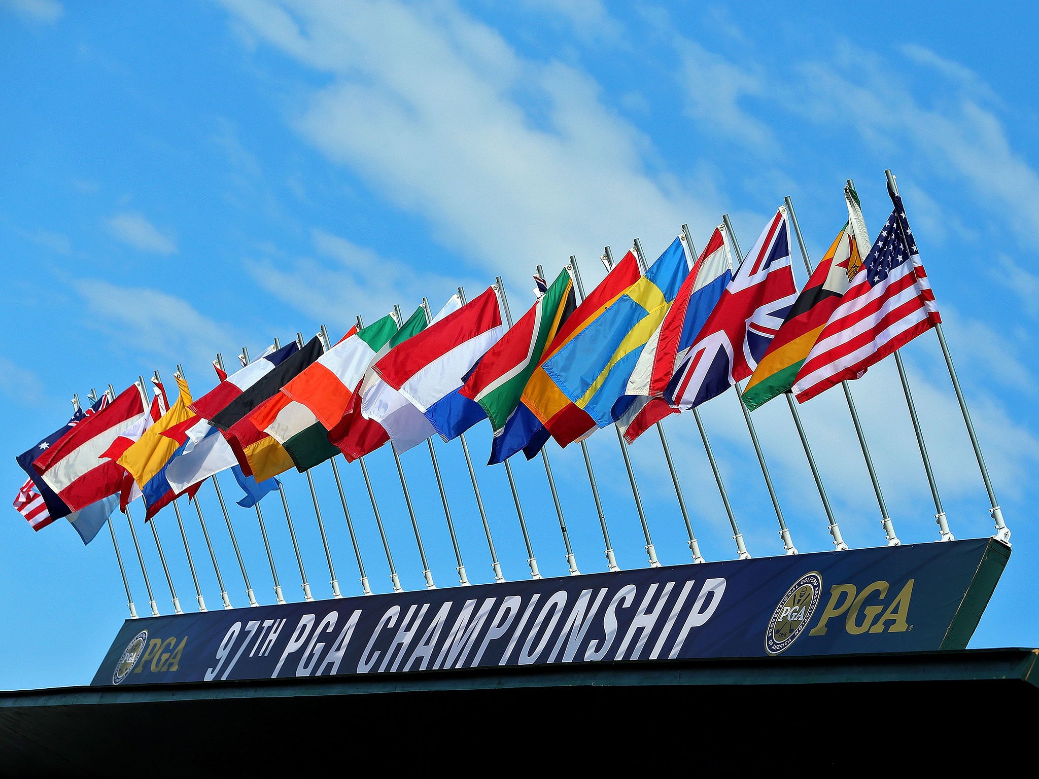 Flags are seen atop a leaderboard at Whistling Straits, venue of the 2015 US PGA