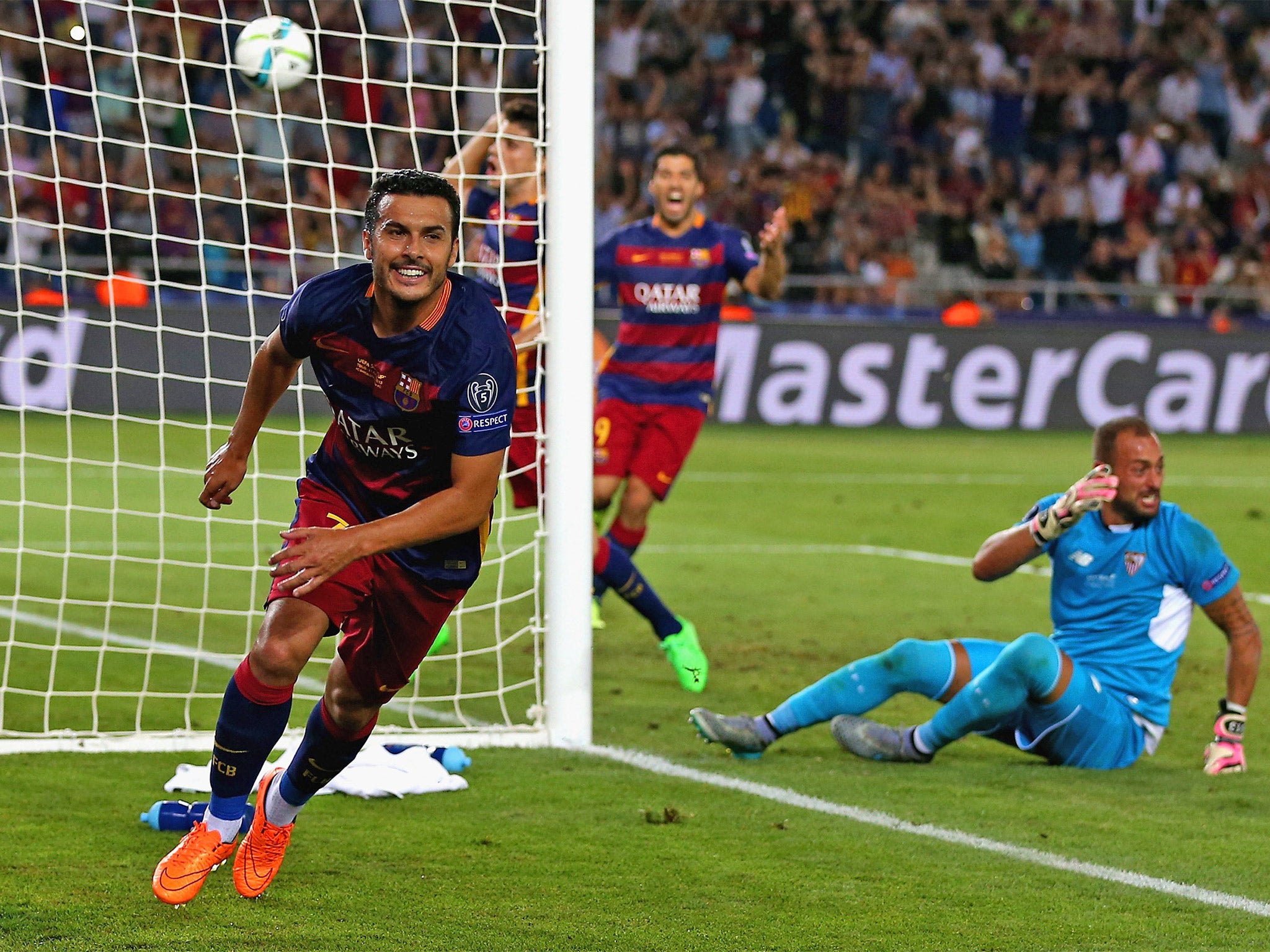 Pedro scored Barcelona's winner as they beat Sevilla 5-4 in the Super Cup on Tuesday night