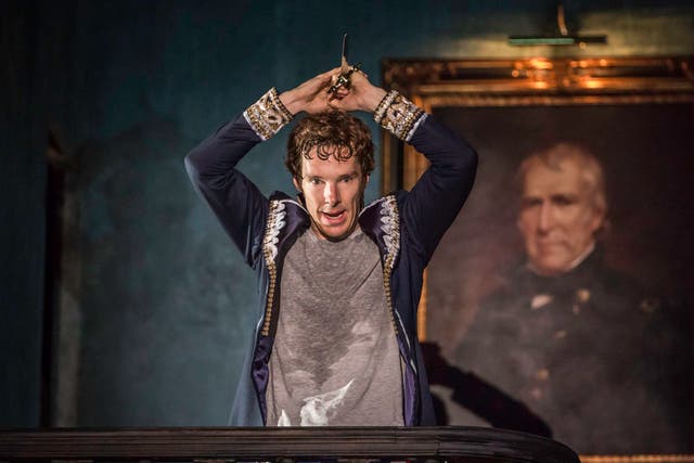 First images released of Benedict Cumberbatch as Hamlet in the production of Hamlet at the Barbican centre, London. Cumberbatch has urged fans not to film his performance as Hamlet, describing it as "mortifying"