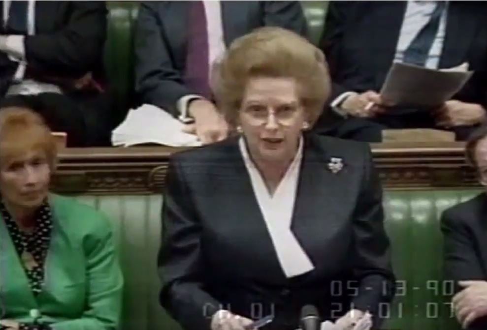 Margaret Thatcher responds to an angry Jeremy Corbyn in a fiery exchange in the House of Commons in May 1990