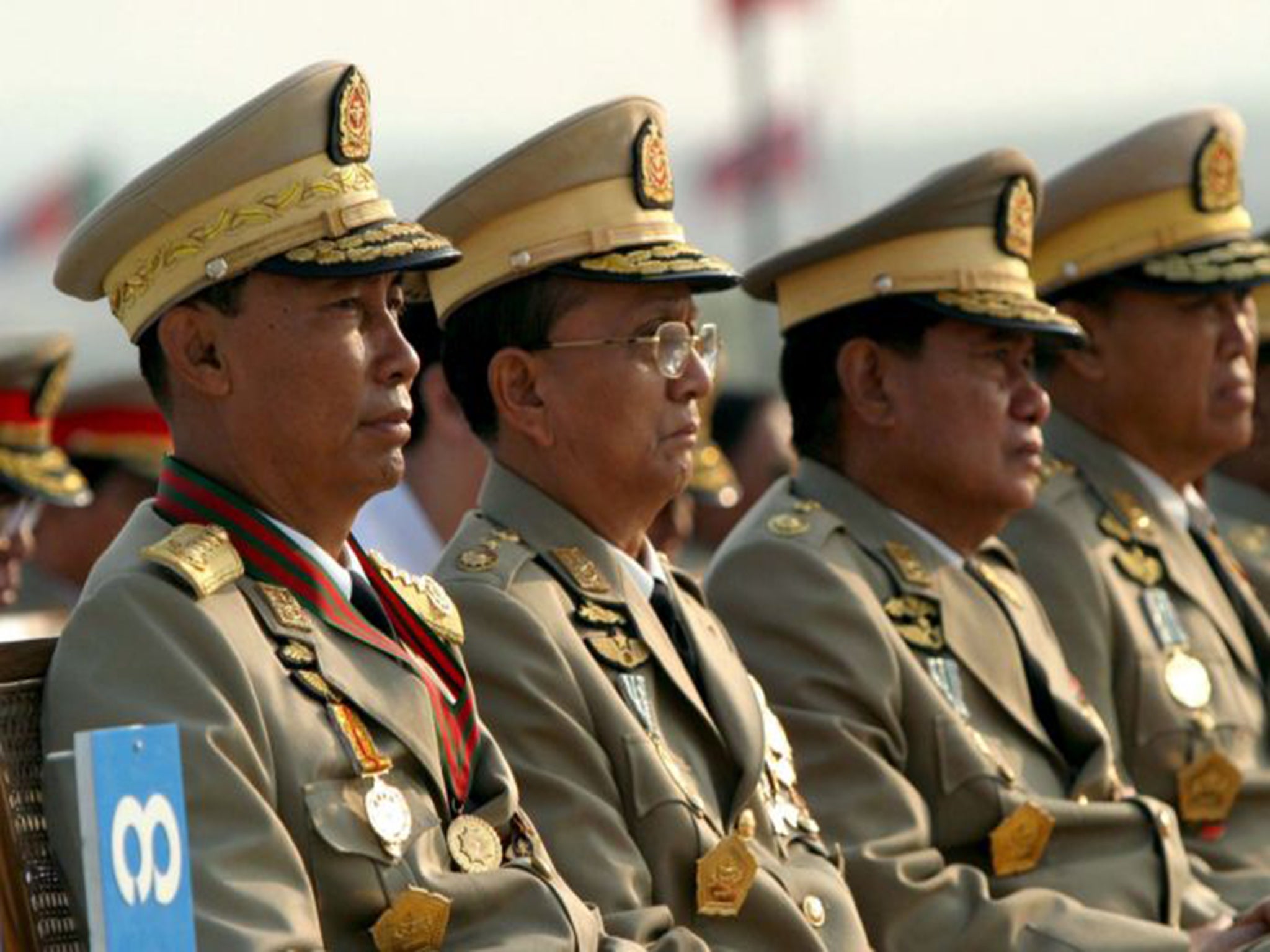 Myanmar's junta leaders General Thura Shwe Mann (L), General Thein Sein (2-L) and General Kyaw Win (3-L) attend the 62nd anniversary of the Armed Forces Day in the new capital of Naypyitaw, Myanmar, 27 March 2007. The leaders of Myanmar's ruling party wer