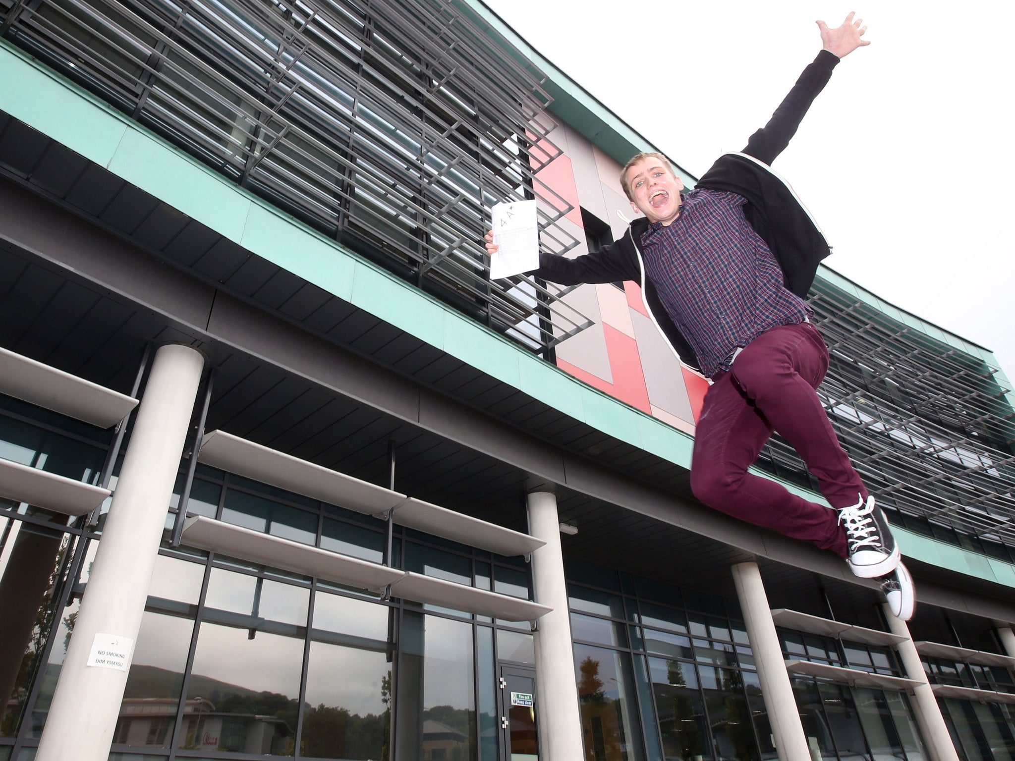 Jacob Lewis after getting his A-level results at Coleg y Cymoedd