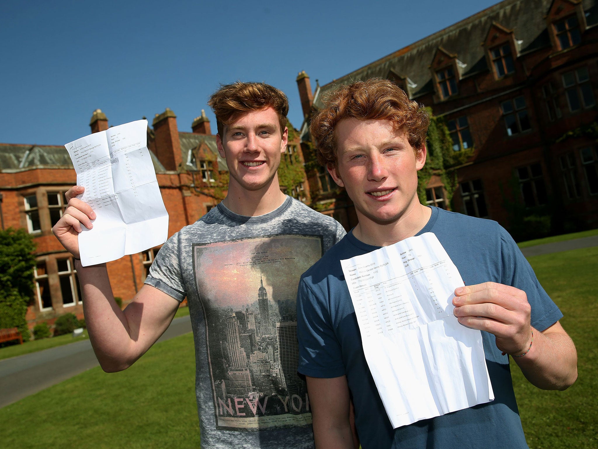 Twins Rory, left, and Patrick Butler celebrate their A-level results at Campbell College in Belfast