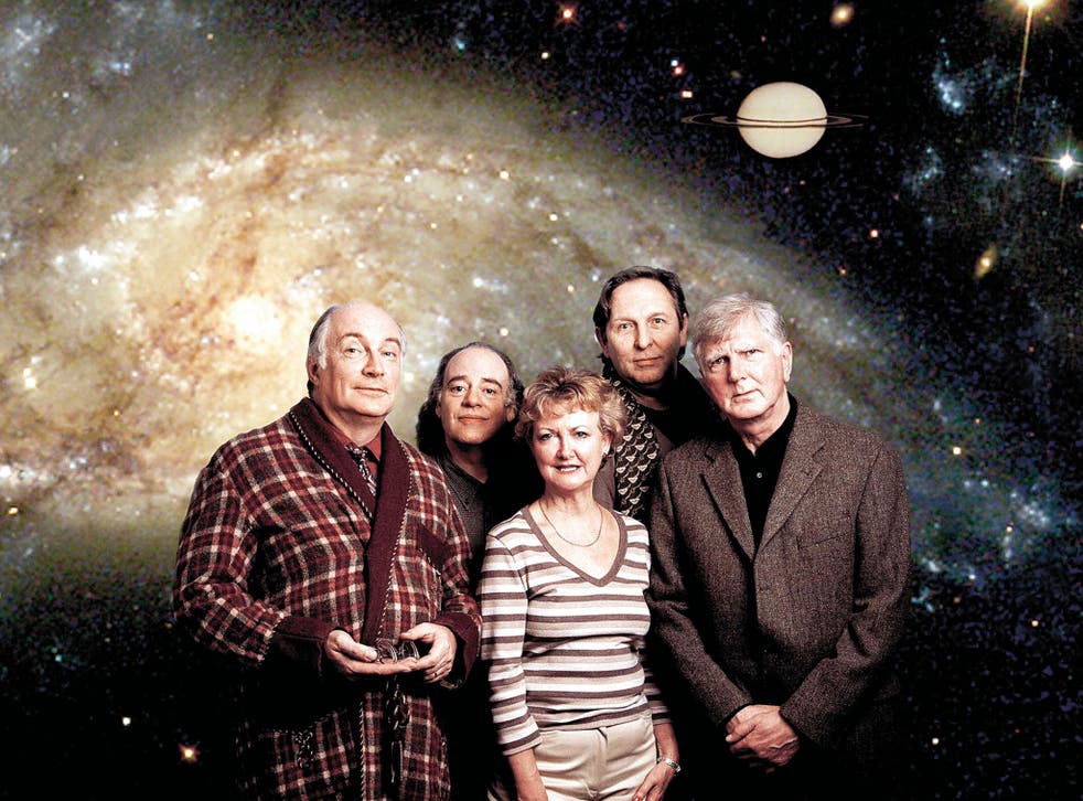 Sheridan, centre, with fellow ‘Hitchhiker’s Guide’ cast members Simon Jones, Geoffrey McGivern, Mark Wing-Davey and Stephen Moore, in 2004