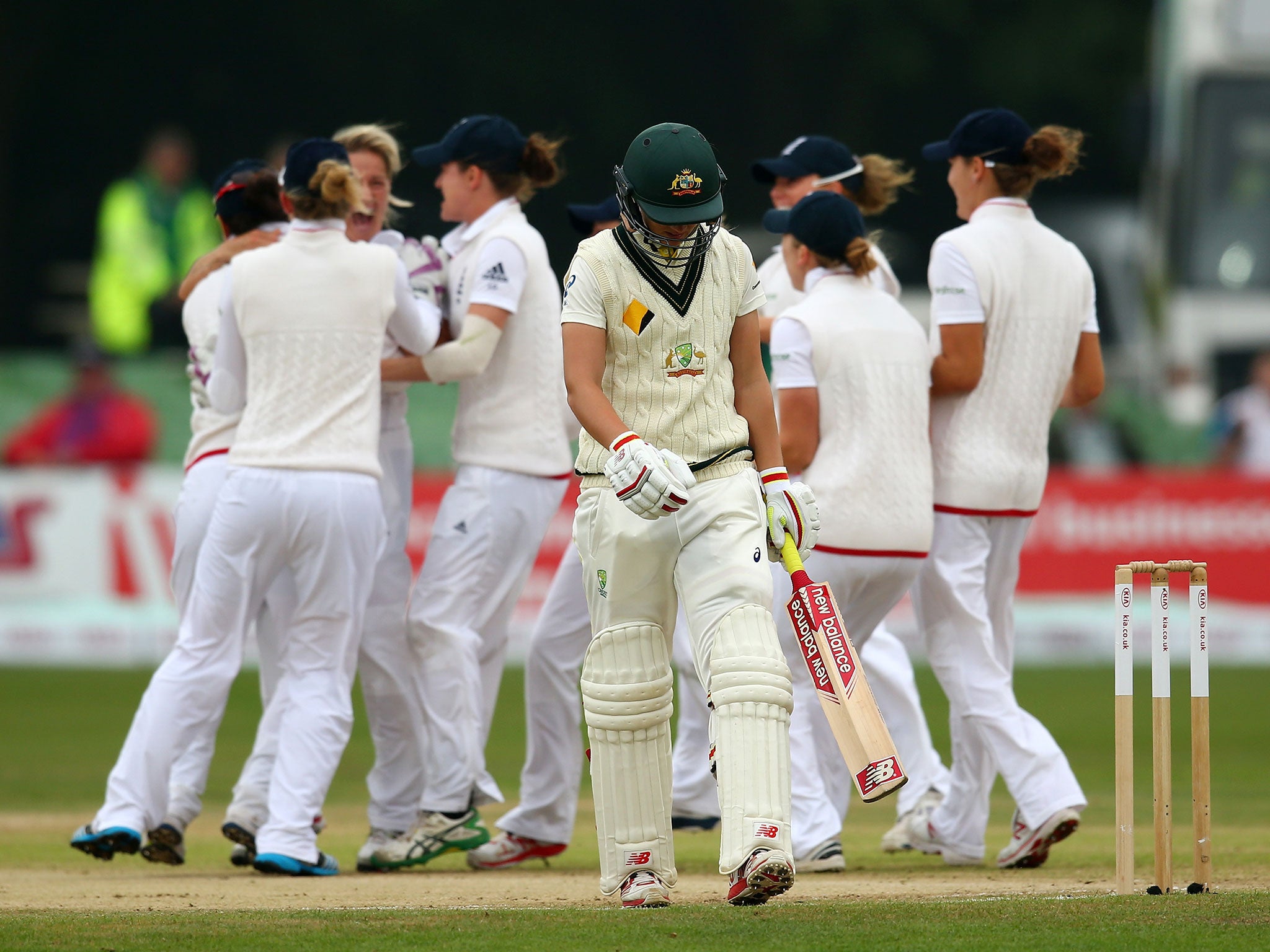 Meg Lanning, centre, was out for a duck to Katherine Brunt