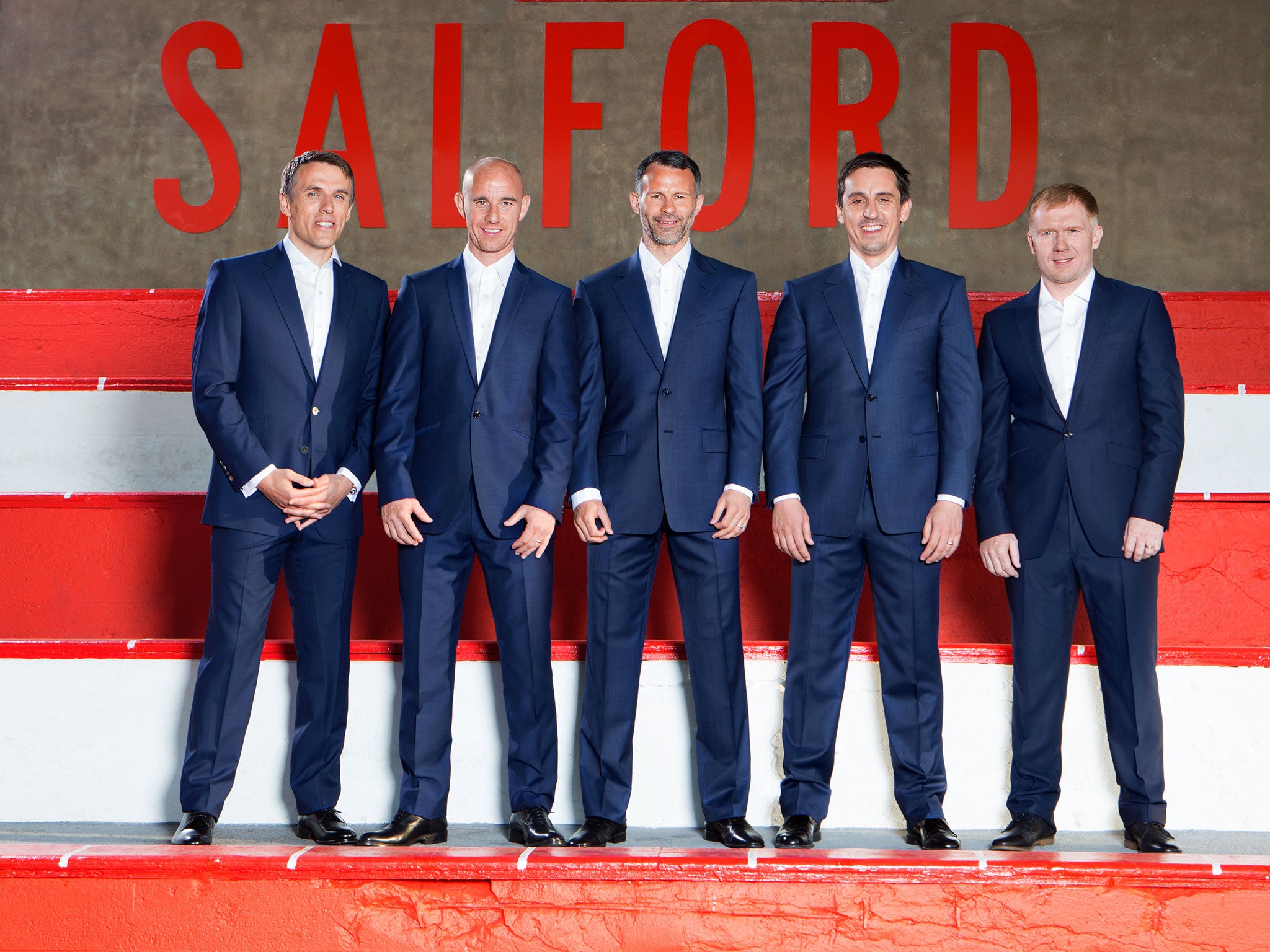 The co-owners of Salford City, from left: Phil Neville, Nicky Butt, Ryan Giggs, Gary Neville and Paul Scholes
