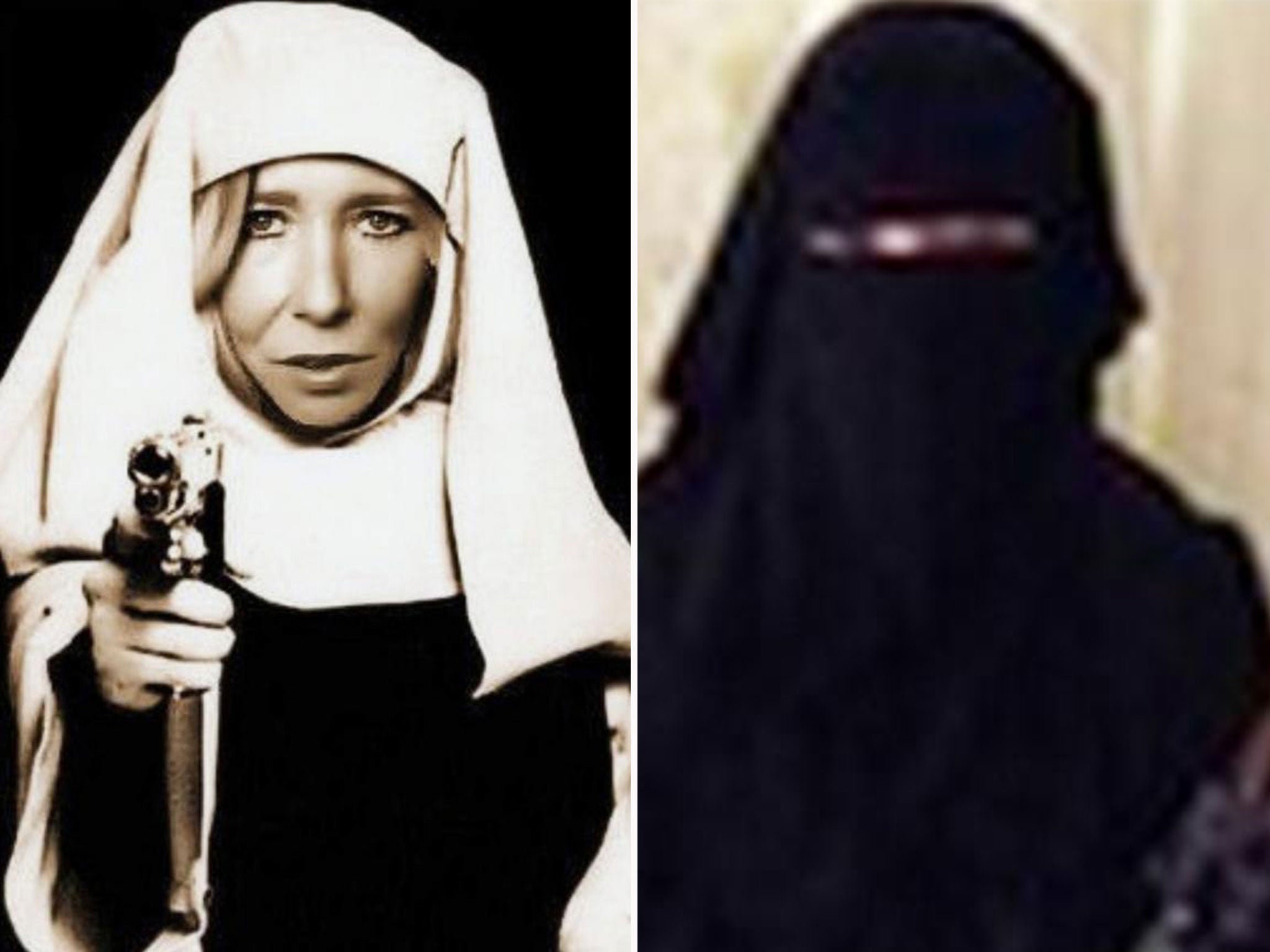 Sally Jones in her Twitter photo as Umm Hussain al-Britani, right, and in a edited photo posted online