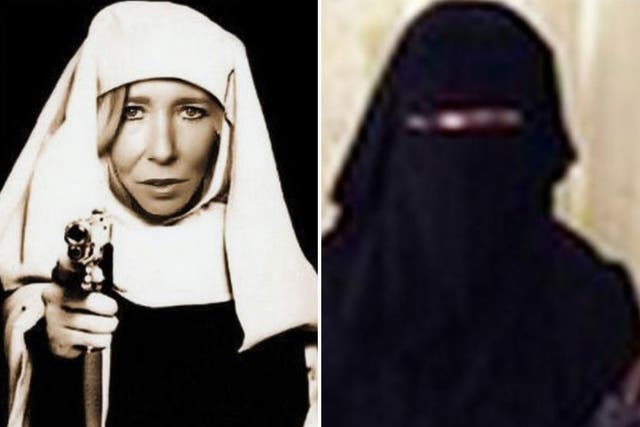 The image used on Sally Jones Twitter photo and as Umm Hussain al-Britani, right, and in a edited photo posted online