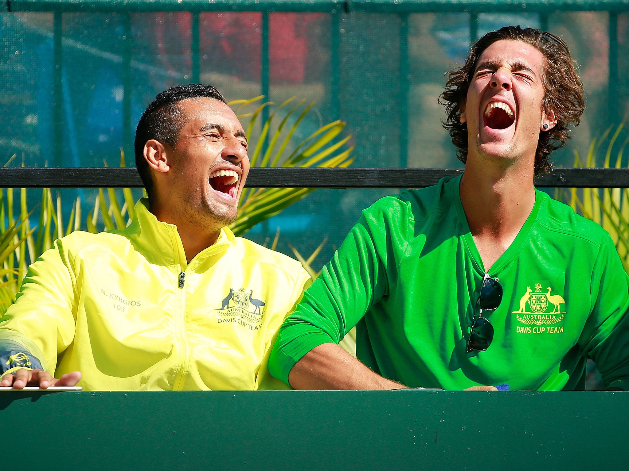 Australian tennis players and friends Nick Kyrgios (left) and Thanasi Kokkinakis share a joke