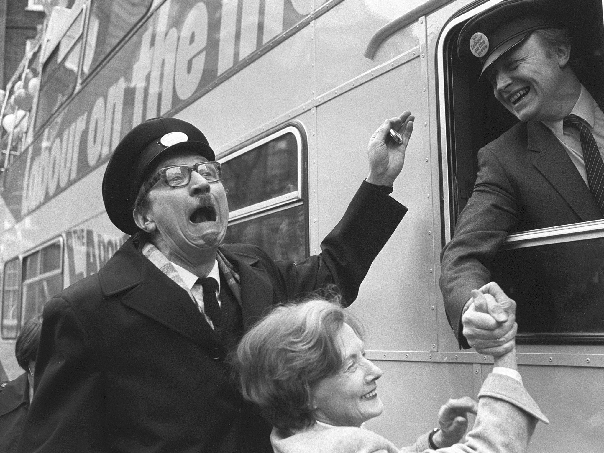 Lewis in character as Blakey in 1984, launching the Labour Party’s European elections campaign bus with Neil Kinnock and Barbara Castle