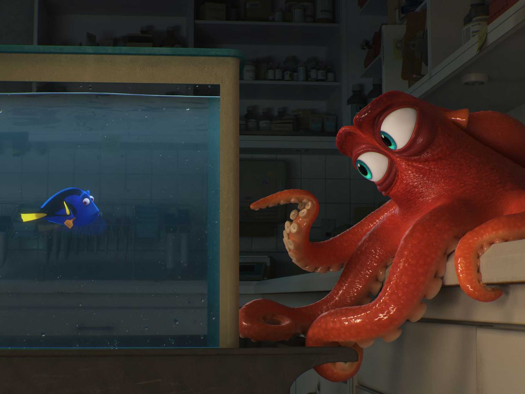 A still from the film released by Disney Pixar showing new character Hank and Dory