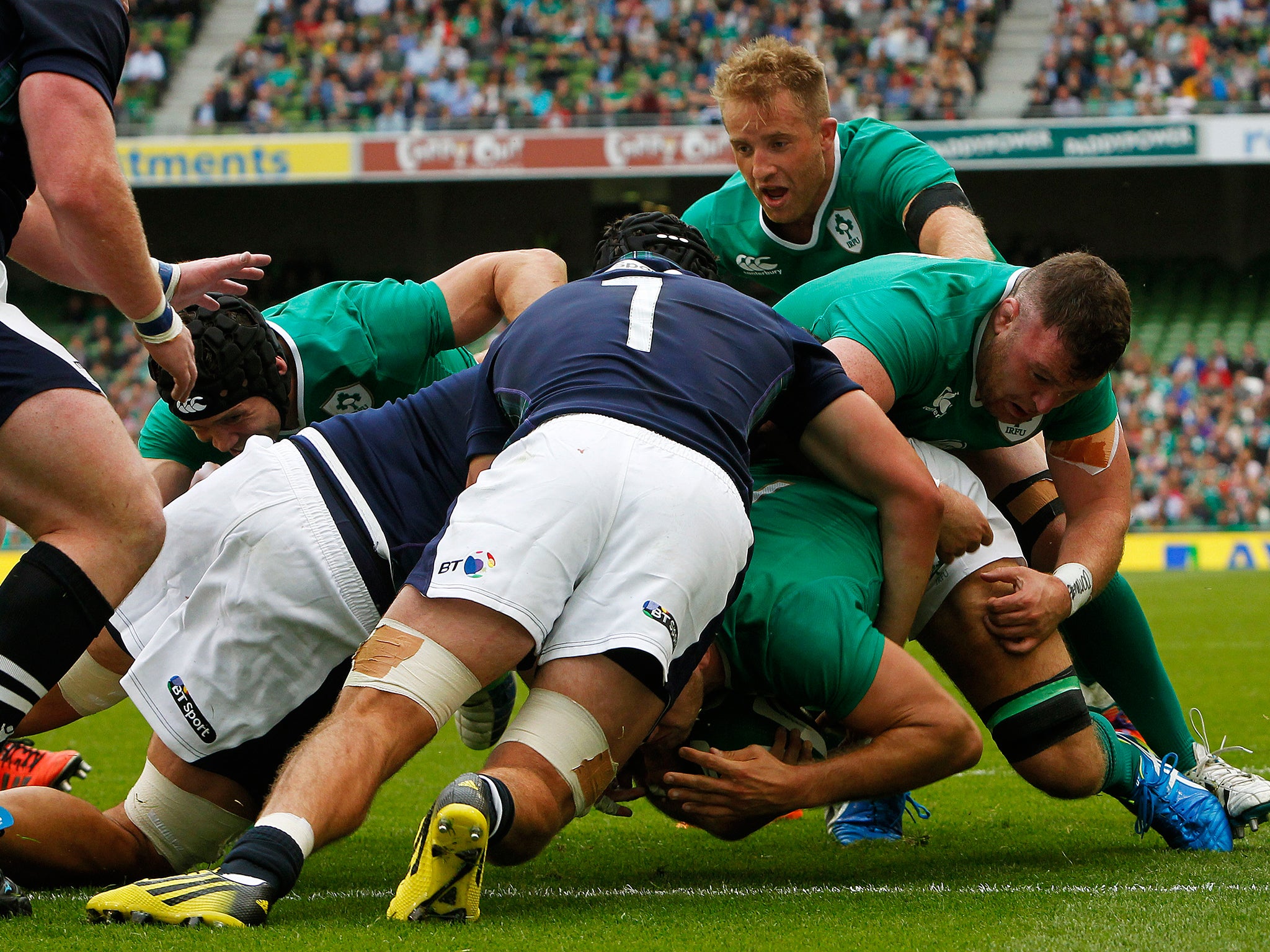 Ireland’s Chris Henry scores his side’s first try in their World Cup warm-up victory over Scotland in Dublin