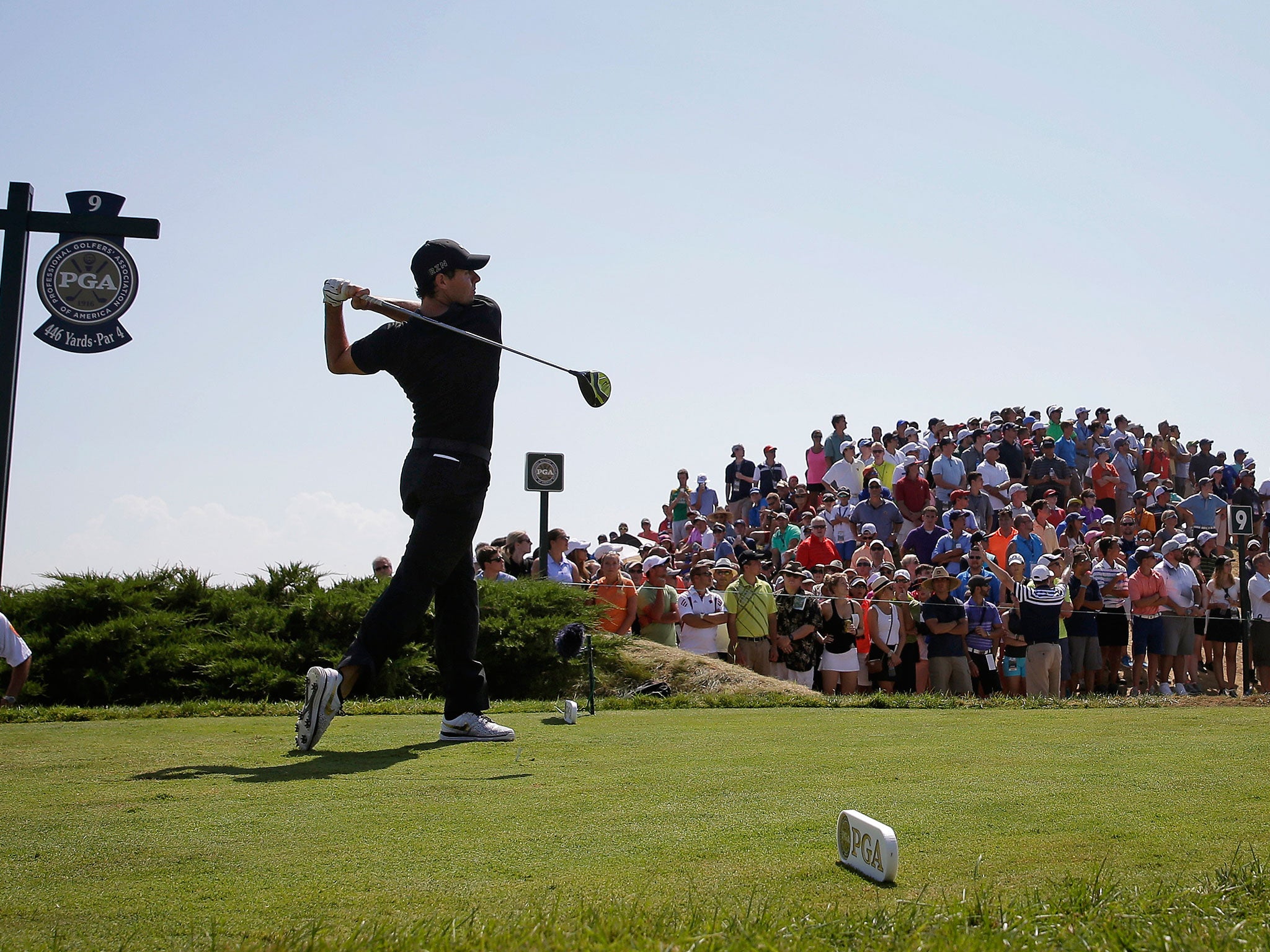 Rory McIlroy hits a drive on the ninth hole during the third round of the PGA Championship at Whistling Straits