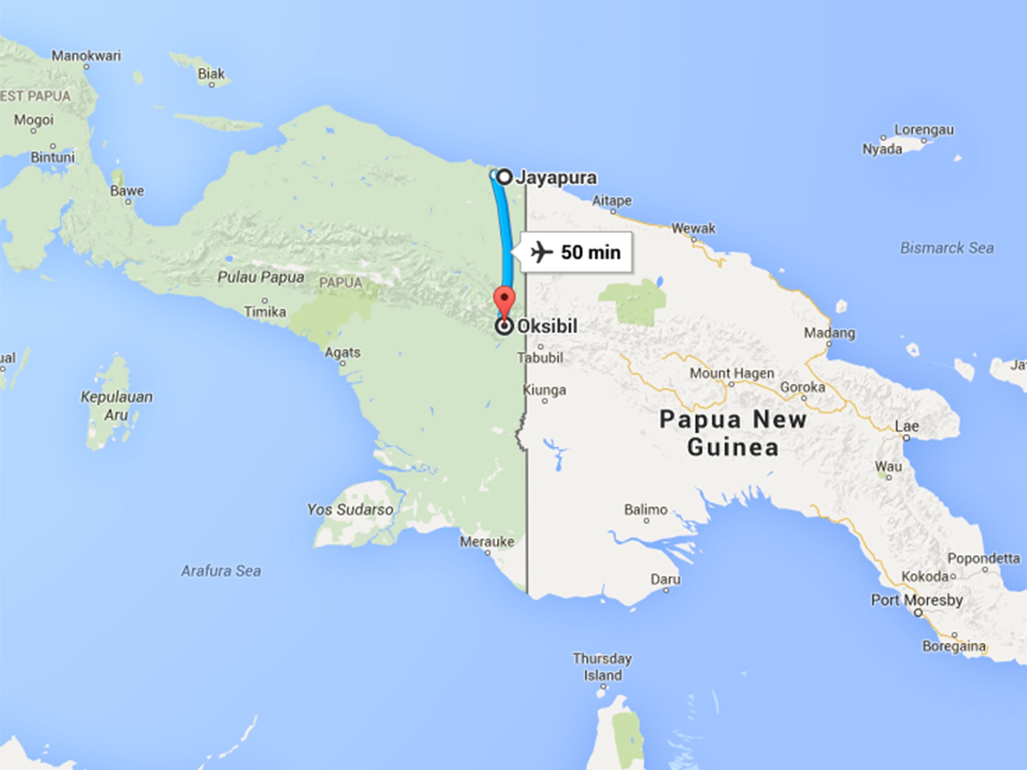 Map showing the route of the flight from Jayapura to Oksibil in Indonesia's Papua region