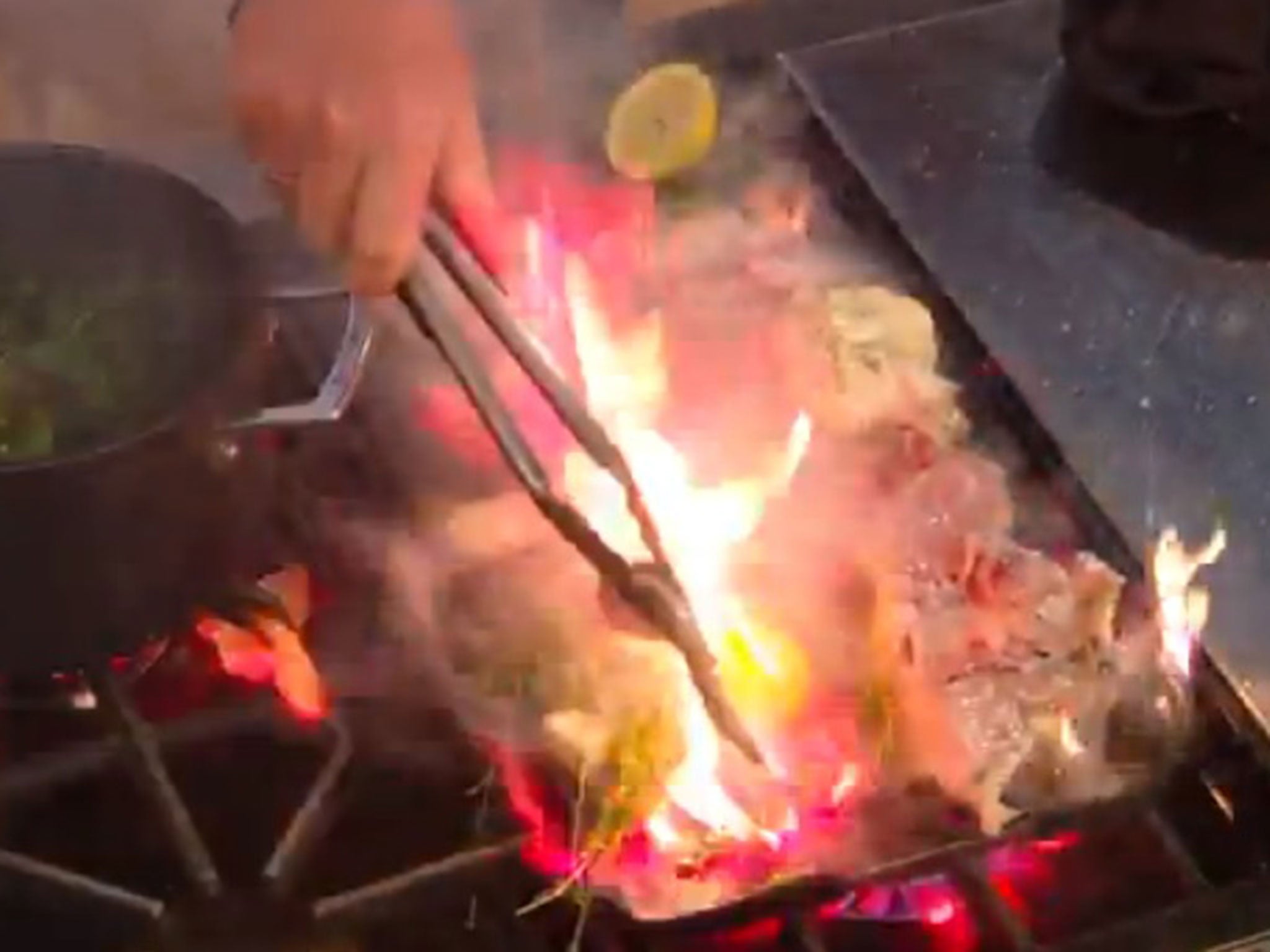 The dish suddenly burst into flames whilst the TV chef was explaining the recipe