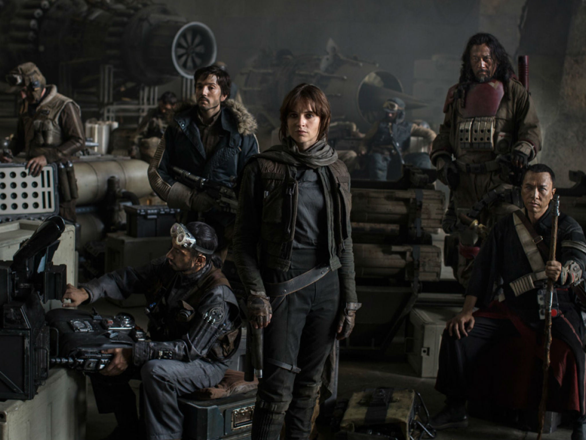 Star Wars: Rogue One cast. Left to Right: Riz Ahmed, Diego Luna, Felicity Jones, Jiang Wen and Donnie Yen