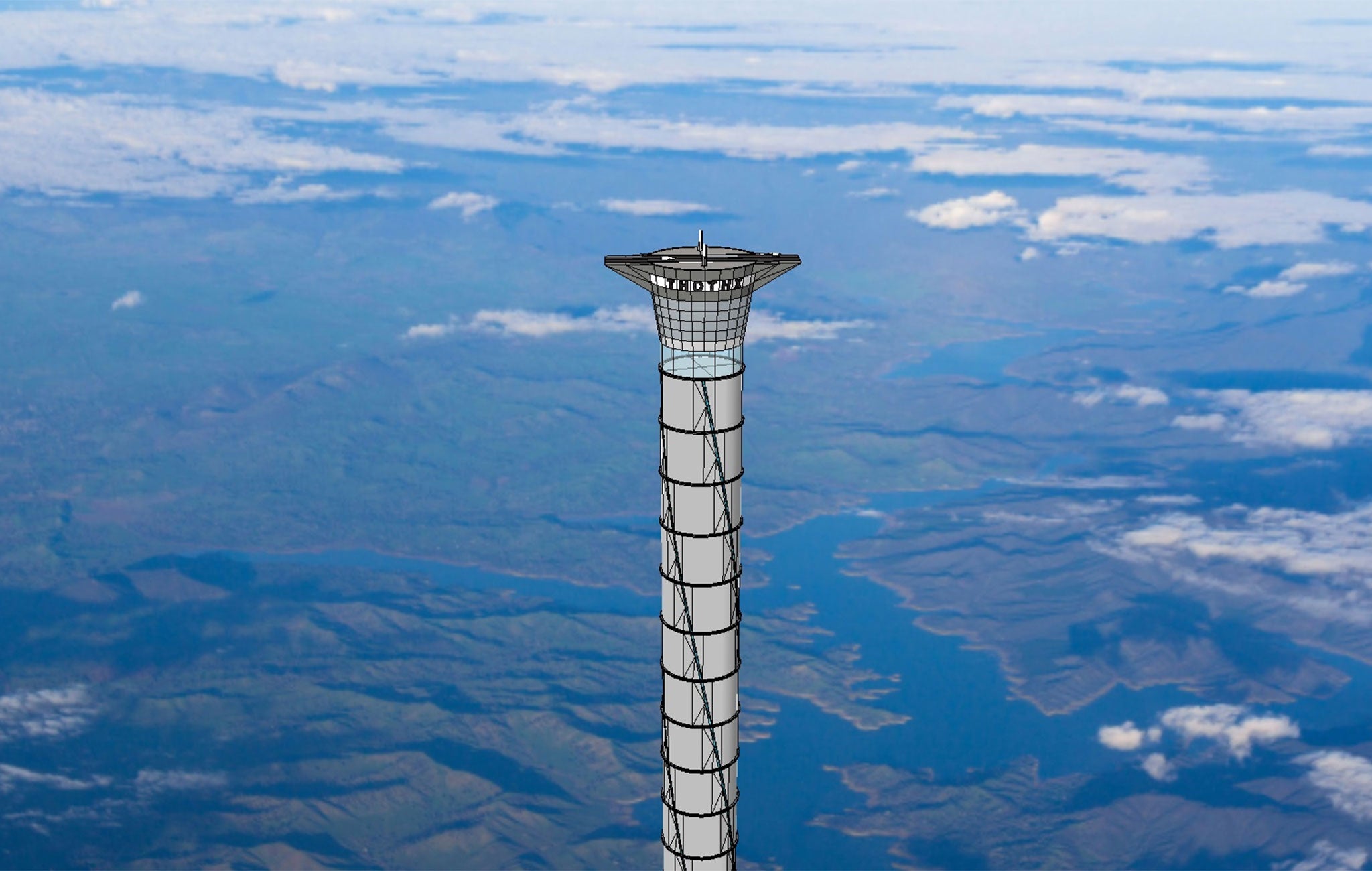 The 20km-tall 'space elevator' would be kept upright by a series of flywheels and inflatable sections