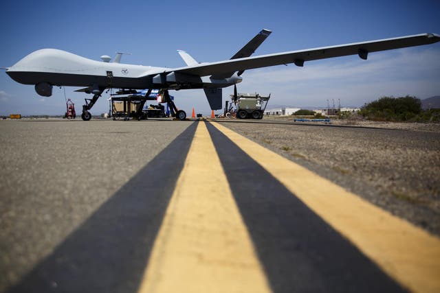 <p>File. A General Atomics MQ-9 Reaper stands on the runway during a drone demonstration of at a California Naval base in 2015.</p>