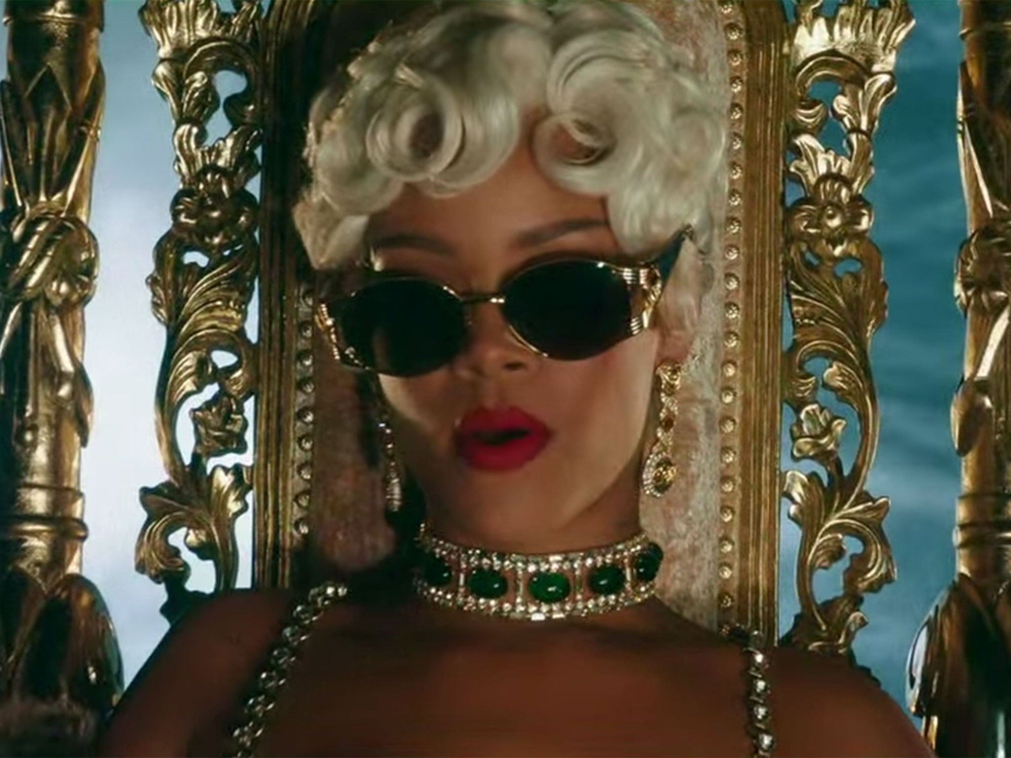 Rihanna – ‘Pour It Up’ In a video that features pole dancers and strippers, Rihanna dresses the part in a jewel-encrusted bikini and stiletto heels