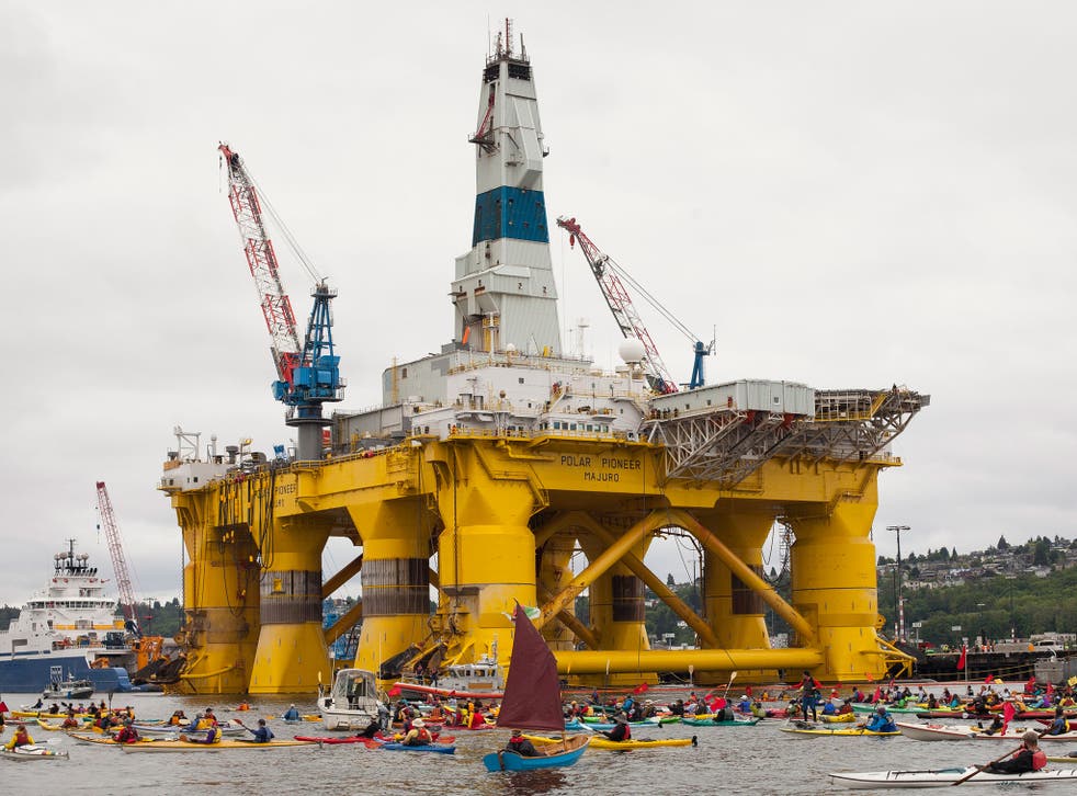 ShellNo flotilla participants shown demonstrating near the Polar Pioneer oil drilling rig 