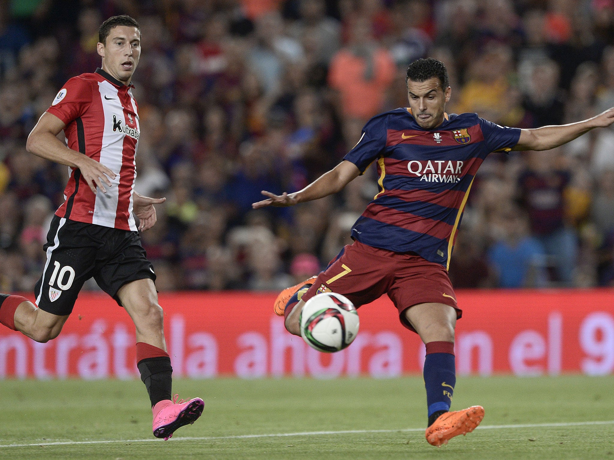 Pedro in action for Barcelona in the Super Cup against Atletico Bilbao this week