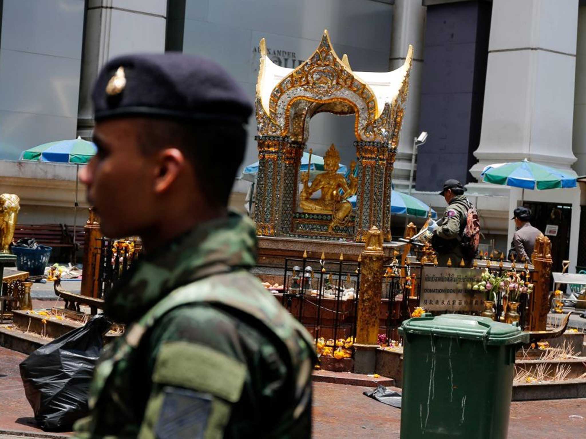 A Thai soldier in front of the shrine on Tuesday