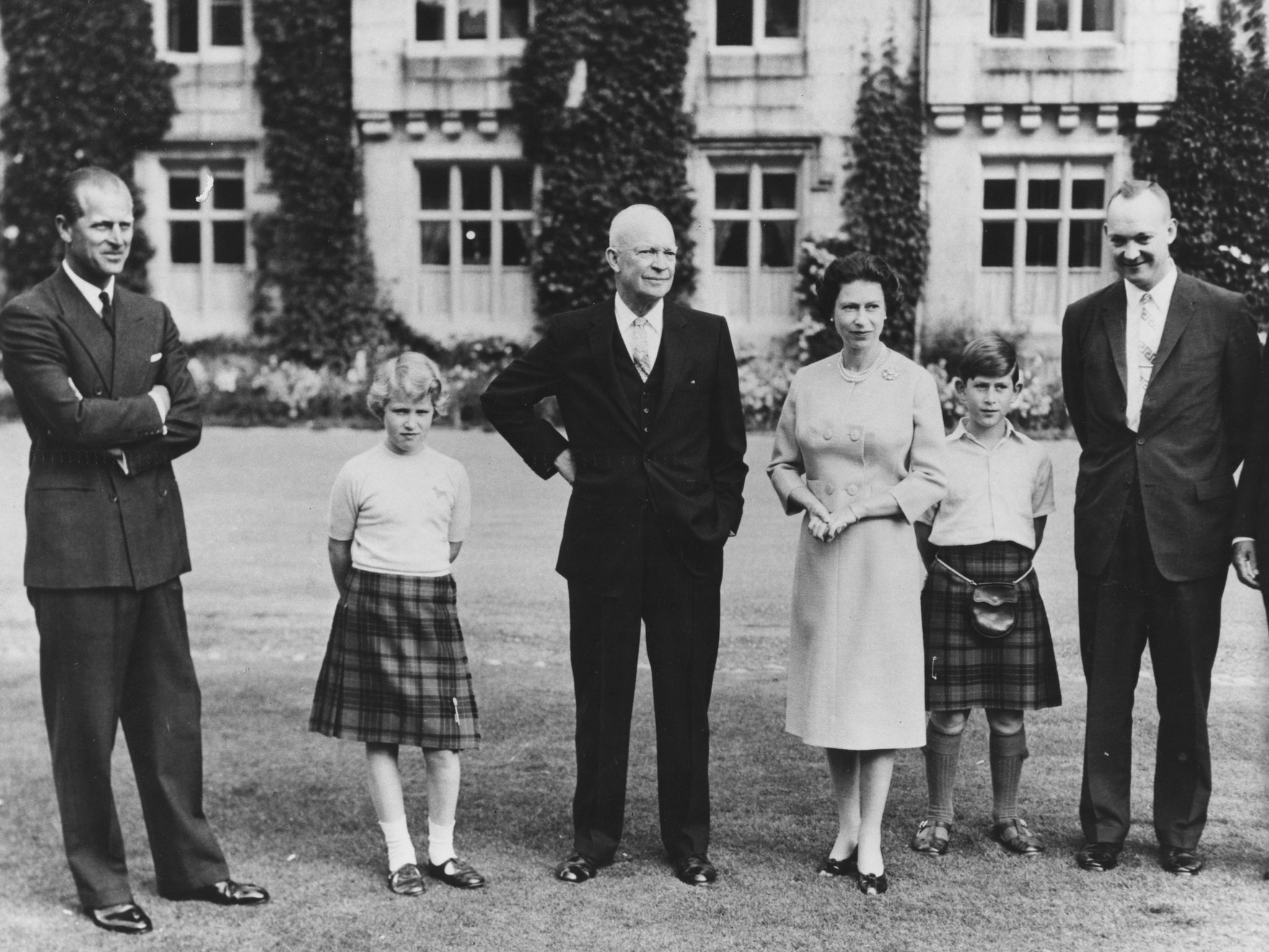 President Eisenhower (centre) with the British Royal family (left to right) Prince Philip, Princess Anne, HM Queen Elizabeth, Prince Charles and Captain John Eisenhower, at Balmoral Castle, Scotland, 1959