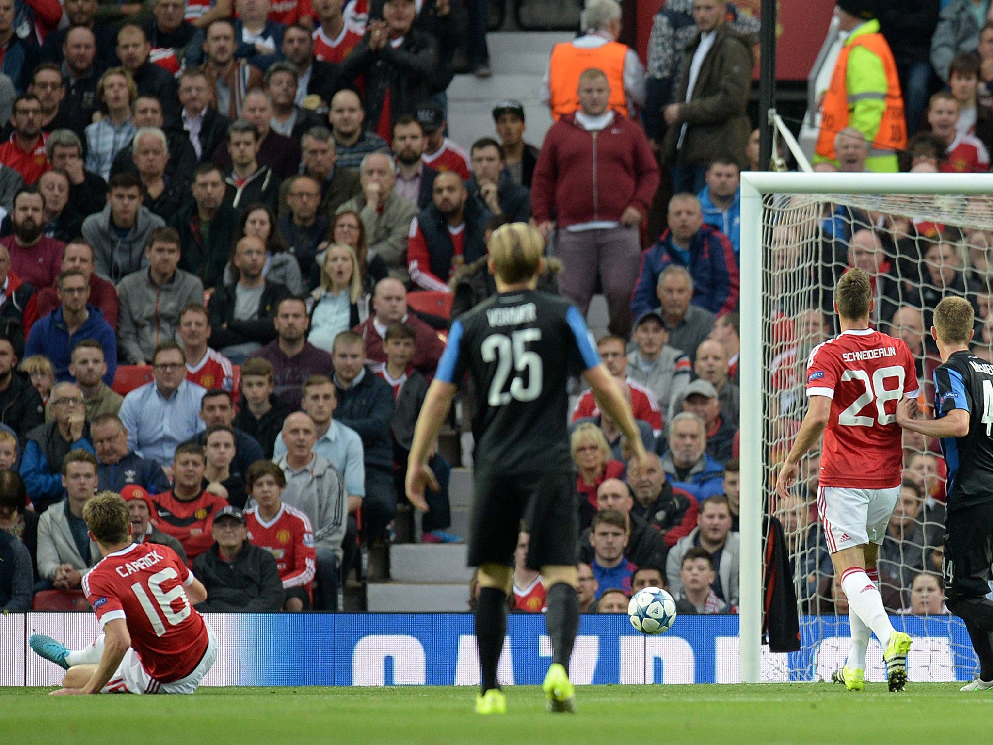 Michael Carrick scores an own goal at Old Trafford against Club Brugge