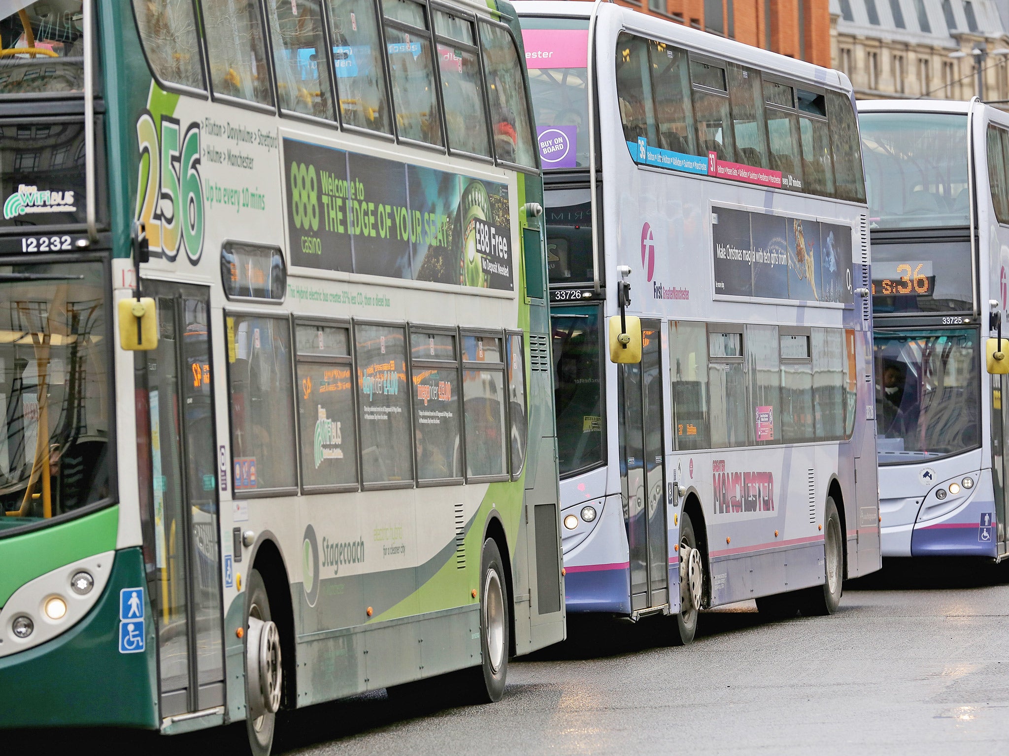 Buses queue up for passengers on the streets of Manchester