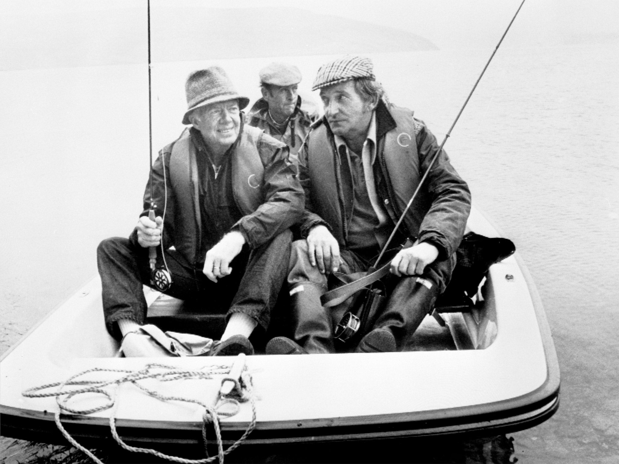 Morgan, right, with Jimmy Carter on Llyn Clywedog in mid-Wales in 1986