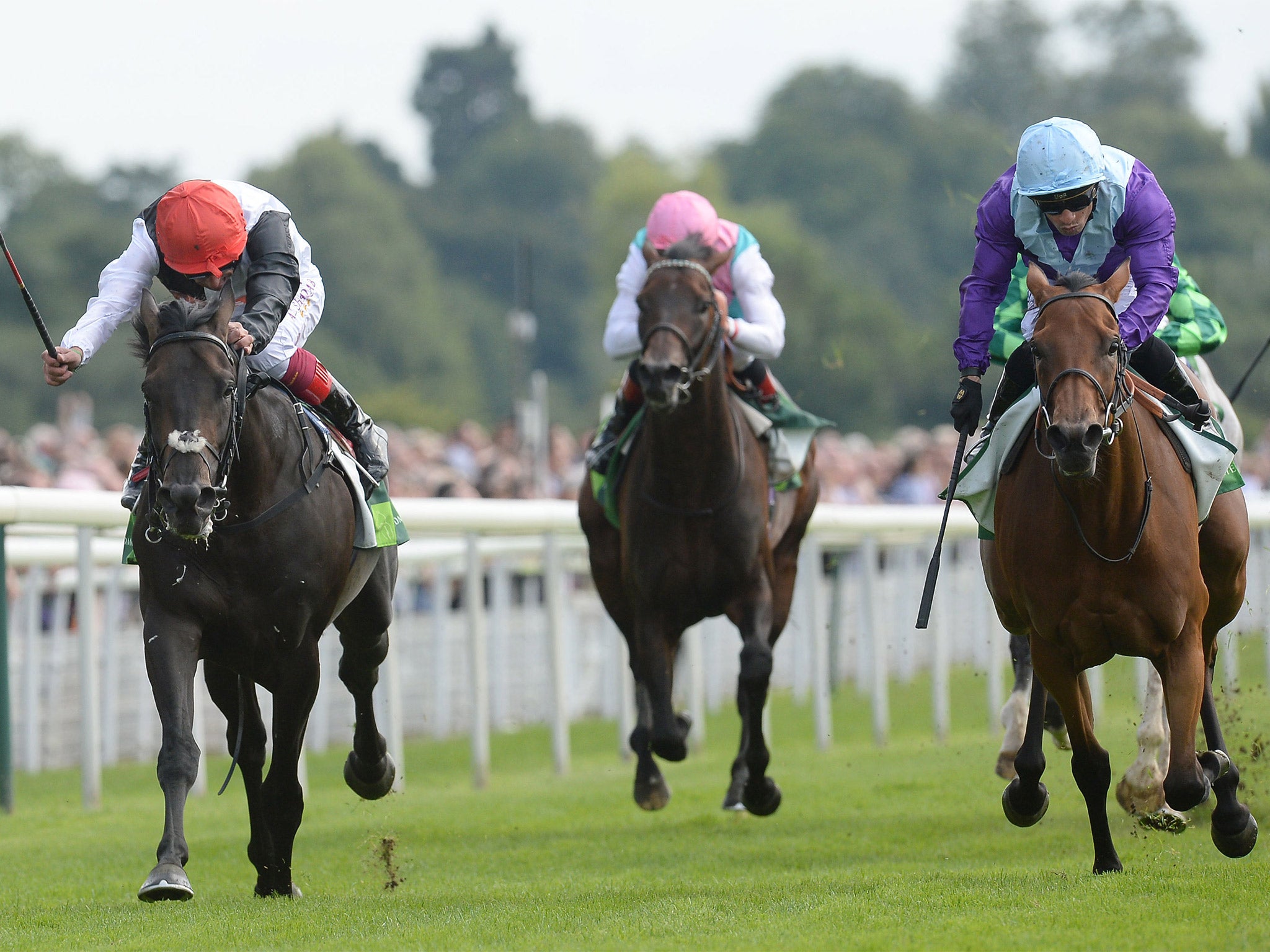 Arabian Queen (right), under Silvestre de Sousa, battles on too strongly for Golden Horn (left) to spring a 50-1 shock in the International Stakes at York