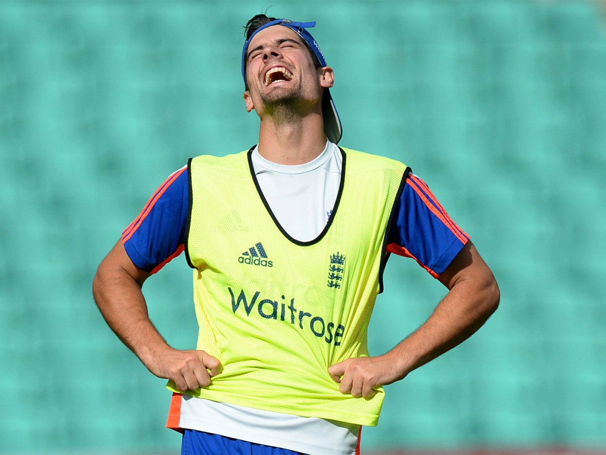 Alastair Cook laughs during a nets session at The Oval on Wednesday