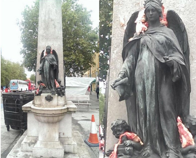 The memorial to Edward VII was covered in raw meat on Thursday morning