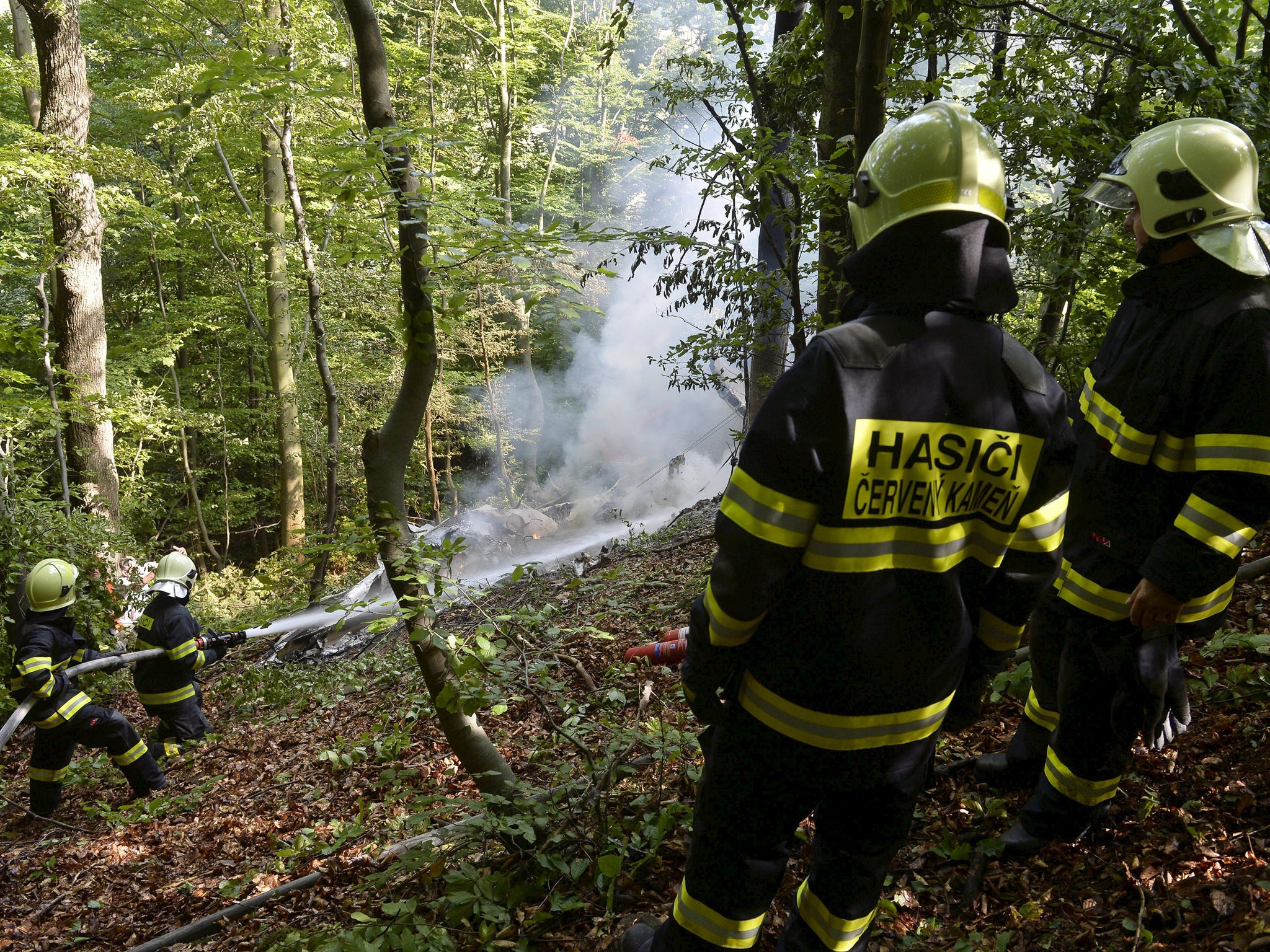 Firefighters inspect the crash site of two sport planes near the village of Cerveny Kamen, Slovakia,